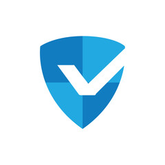 Poster - The image shows a flat logo design of a blue shield with a white check mark sign that looks clean and sharp on a white background