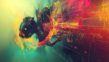 Wall Mural - abstract digital art of a person listening to music in a vibrant city