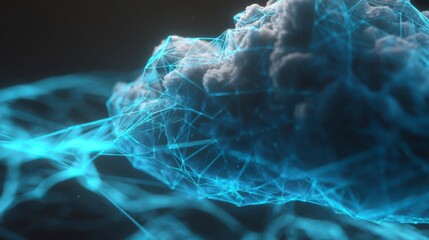 Abstract cloud computing network with glowing connections in a digital atmosphere, symbolizing futuristic data flow and connectivity