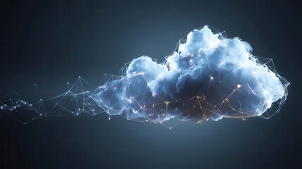 Abstract cloud computing network with glowing connections in a digital atmosphere, symbolizing futuristic data flow and connectivity