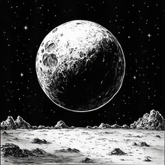 Wall Mural - Whimsical Full Moon Scene: A Cartoonish Giant Sphere Illuminating the Starry Night Sky