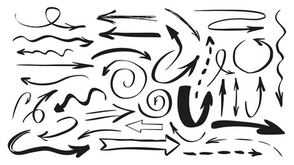 Aufkleber - Handwriting arrows set of marker brush stroke texture. Doodle elements with black hand drawn twisted, turning, swirling, pointing and curving cursors with different variation. Illustration.