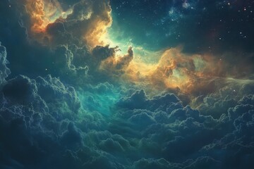 Wall Mural - Stunning Nebula Over Calming Sea: A Celestial Scene of Stars and Clouds at Sunset