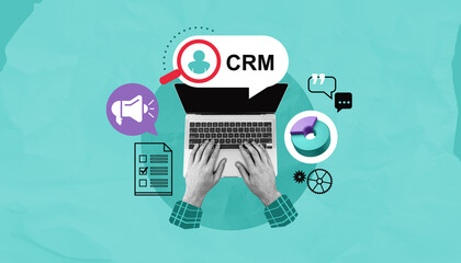 Poster - Hands typing on laptop with CRM and marketing icons on colorful blue background representing customer relationship management and digital communication tools.