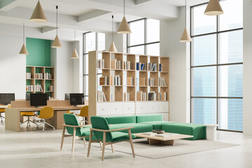 Poster - modern office interior with green furniture, wooden bookshelves, and large windows in a bright open 