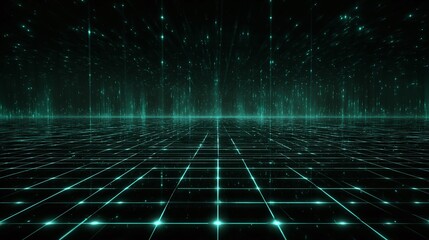 Fototapete - Futuristic grid landscape with glowing particles, creating a sense of depth and technology. Perfect for backgrounds and digital design projects.