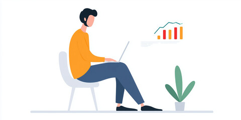 Fototapete - Professional individual working on a laptop while analyzing data trends with a graph, showcasing productivity and modern workspace concept