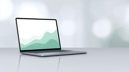 Fototapete - Modern laptop with minimalist design showcasing abstract green waves on screen, ideal for technology, workspace, and digital innovation concept
