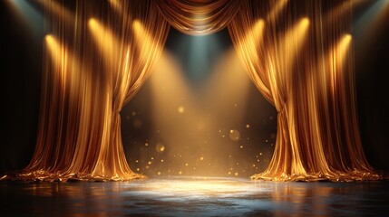 Poster - Golden stage curtains open to a bright, illuminated stage. Perfect for presentations, performances, or showcasing a product. The spot lights add drama.