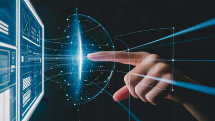 Fototapete - Hand interacting with futuristic digital globe interface