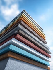 Leinwandbilder - Composite Panels Stacked Diagonally in Various Colors Against a Blue Sky Backdrop, Showcasing Design Potential and Material Variety