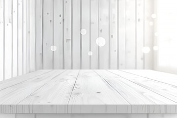 Poster - Elegant minimalist white wood tabletop display with modern abstract bokeh background for product placement and presentation