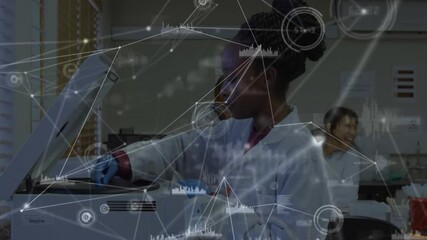 Poster - Female scientist loading test tube into lab instrument, pressing button, checking overlay for assay