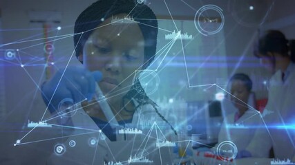 Poster - Opening shot showing woman lab tech drawing liquid, overlay highlighting drops for analysis by team