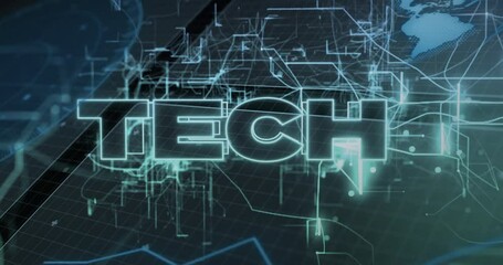 Poster - Grid emerging triggers lines converging into neon TECH text, data streaming for tech branding