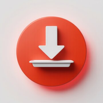 A stylized download icon featuring a white arrow pointing down on a red circular background design