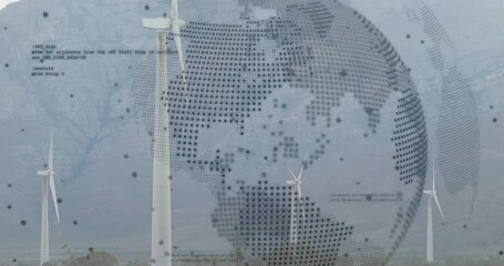Poster - Upon loading turbine blades spinning while globe overlay fading rotating visualizing energy data