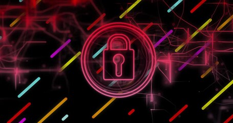 Poster - Initiating neon padlock glowing while bars sliding diagonally and circuits intensifying security