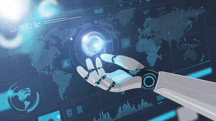 Fototapete - Robotic hand interacting with global data network