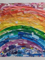 Leinwandbilder - Colorful Rainbow Sticker Collage on White Paper Creates Vibrant Artistic Expression