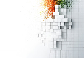 Fototapete - Abstract cubic background with ethereal dispersion of color elements featuring white 3d cube blocks and colored fragments