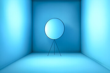 Fototapete - Minimalist blue room with modern mirror on tripod for concept design and visualization