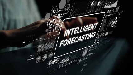 Poster - hands engaged in data analysis with visual graphics of intelligent forecasting and business metrics.