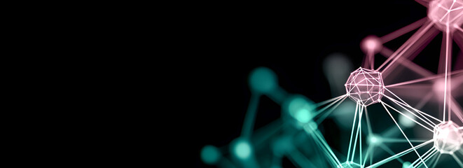 Fototapete - Abstract molecular network with connected nodes and lines representing scientific data connections on a black background