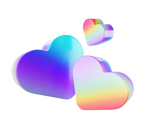 Poster - 3d holographic iridescent hearts, rainbow love symbols with color neon gradient on purple background