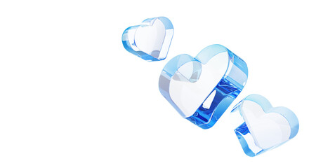Poster - 3d abstract liquid glass transparent hearts render background. Valentine sale banner with blue glossy crystal bubbles romantic love symbols and empty space for Mother day or wedding