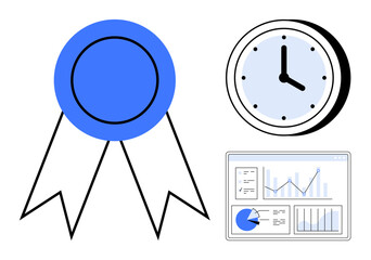 Poster - blue ribbon medal, clock, and analytics dashboard with graphs and charts emphasize goals, productivi