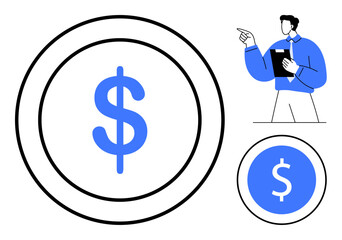 Poster - dollar sign inside circles symbolizing money, next to a professional with a clipboard pointing forwa