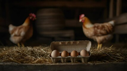 Poster - Brown hens curiously watching half dozen fresh eggs nestled in cardboard container, resting on straw bedding inside dimly lit chicken coop, embodying traditional small scale poultry farming