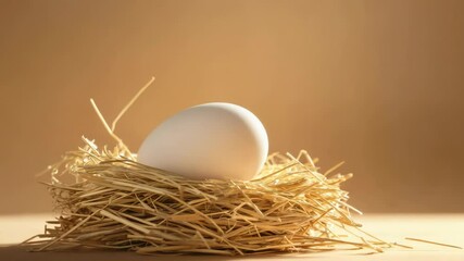 Aufkleber - Natural white egg rests gently in a small, meticulously crafted straw nest, set against a seamless, warm toned backdrop, creating a serene and rustic atmosphere