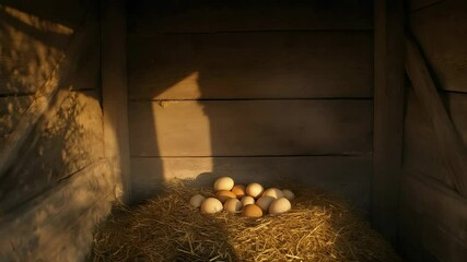 Poster - Warm sunlight illuminates a pile of fresh eggs nestled in a cozy hay nest inside a rustic wooden chicken coop, creating a tranquil farm scene