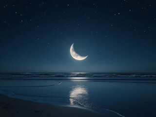 low tide beach at night reflecting a massive crescent moon and deep stars, soft water glimmering wit