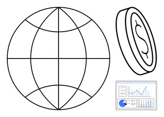 Poster - globe with longitude and latitude lines, coin with dollar symbol, dashboard showing analytics and gr