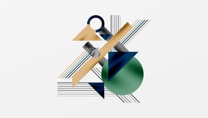 Poster - Abstract geometric composition. Shapes overlap, creating dynamic visual interest. Lines, circles, triangles dominate design. Minimalist aesthetic.