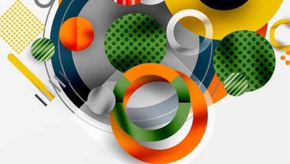 Poster - Abstract geometric shapes overlap. Circles, lines, dots create modern design. Bright colors contrast with neutral background.