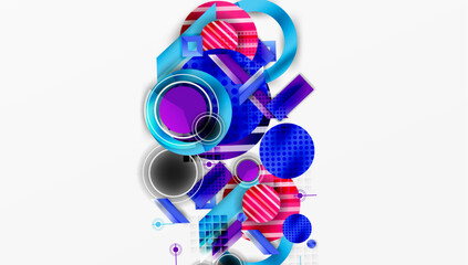 Poster - Abstract geometric composition. Circles, squares, rectangles overlap. Vibrant colors create dynamic visual effect. Modern design elements present.