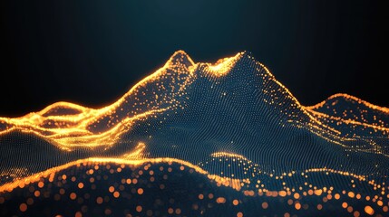 Poster - Glowing, particle-based landscape; dark background, golden peaks
