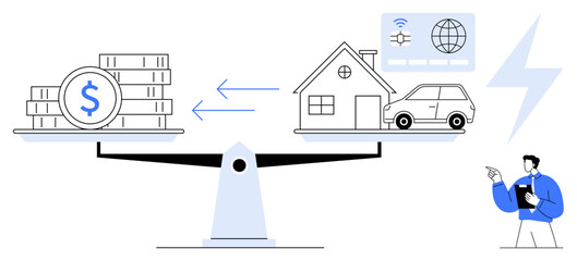 Poster - scales balancing money against a house, car, and energy icons, with a person analyzing. ideal for fi