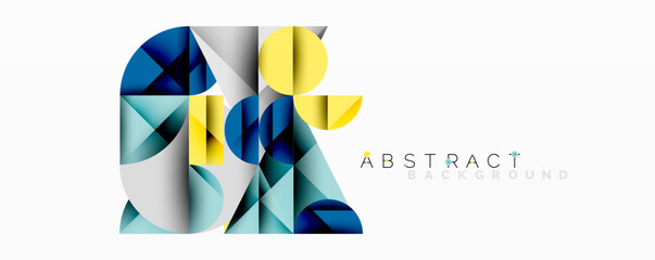 Aufkleber - Geometric shapes overlap, creating modern design. Blue, yellow, teal hues dominate white backdrop. Minimalist aesthetic.