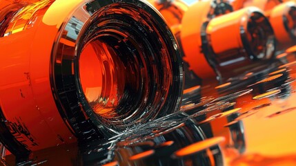 Poster - Abstract orange glass cylinders reflecting on glossy surface