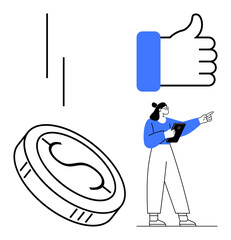 Poster - woman analyzing or presenting money and approval as she points to symbolic representations. ideal fo