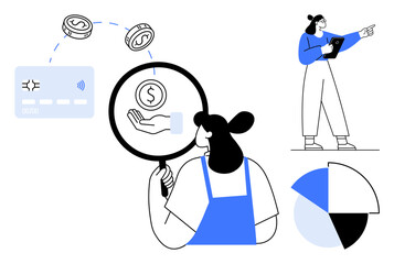 Poster - woman examining digital payment and finances using a magnifying glass, coins, pie chart, and card el