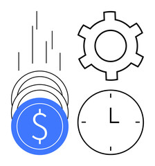 Poster - falling dollar coins, gear for process, clock for time management, graphical bars for growth. ideal 