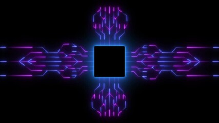 Advanced Futuristic CPU chip set and electric circuit with data transfer moving on dark background Neon glowing futuristic cyberspace technology background template.