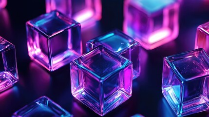 Poster - Glowing translucent cubes in vibrant purple and blue hues, scattered on a dark surface