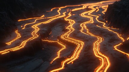 Poster - Glowing orange streams wind through a dark, textured landscape